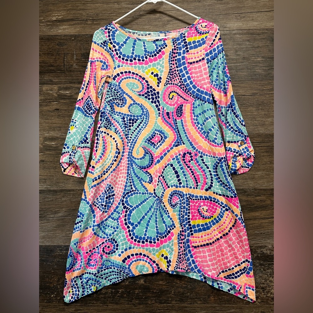 Lilly Pulitzer Pink and Blue Pima Cotton Sundress with 3/4 Bishop Sleeves XXS